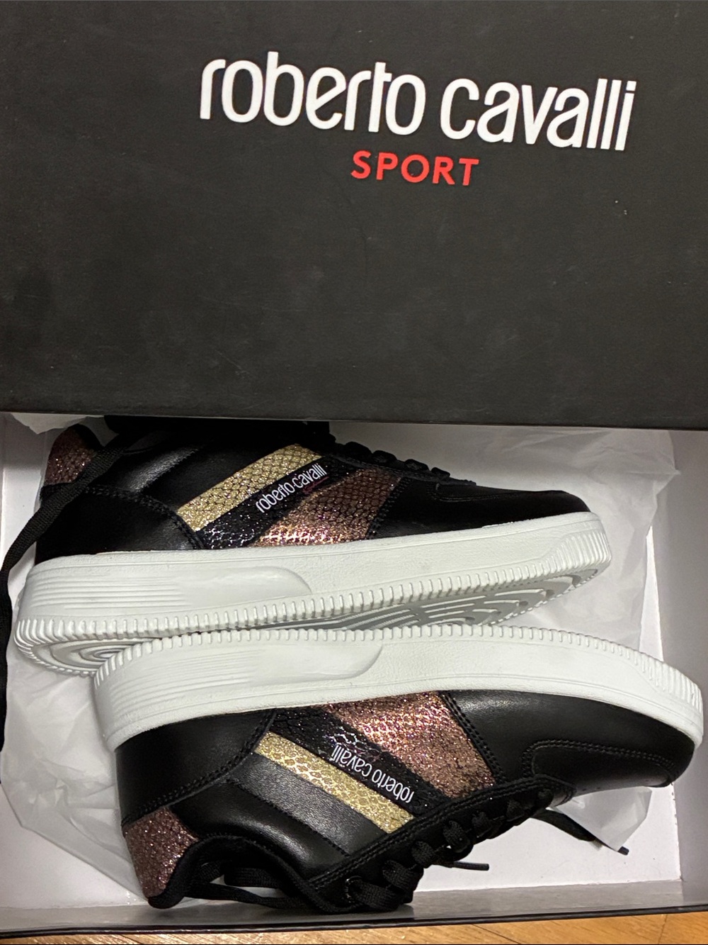 Roberto Cavalli Black Sneakers with Gold and Rose Accents